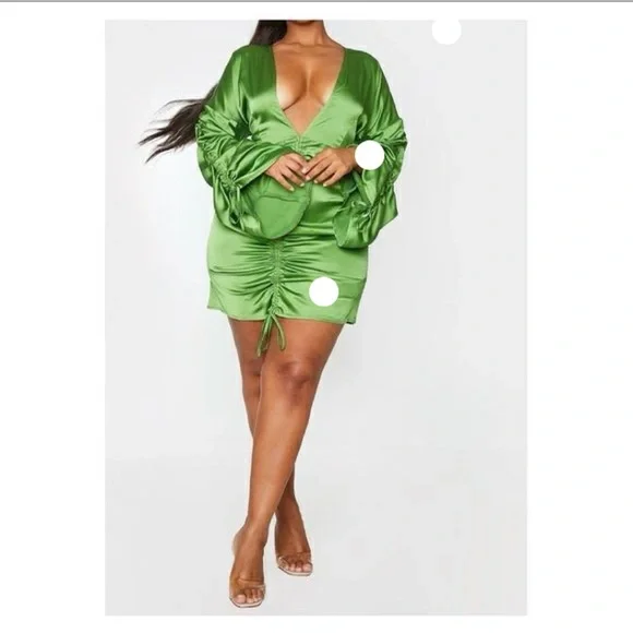 satin plunge ruched front dress Deep Plunge Ruched Maxi Dress